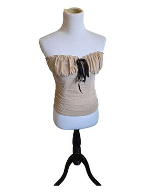 Beige Strapless Ruching Tube Top with Black Tie Accent